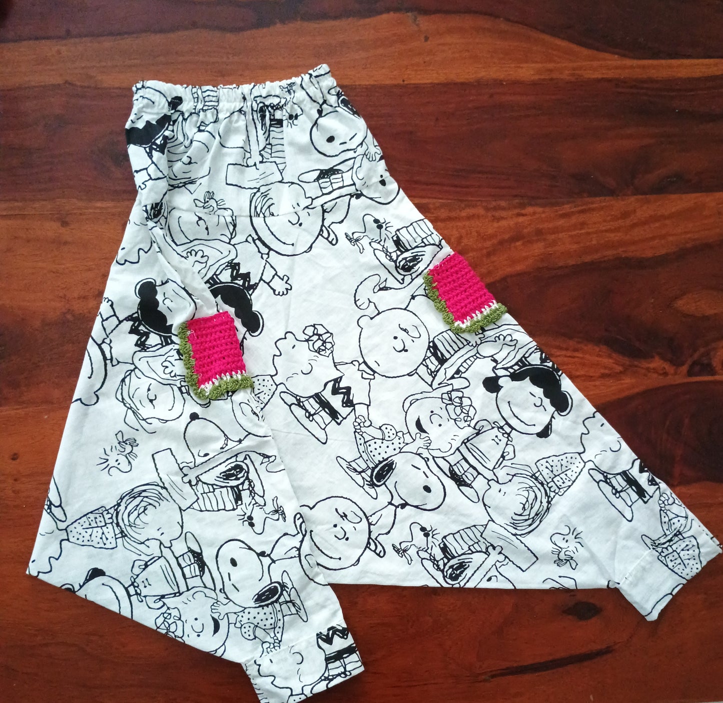 Watermelon hand crocheted top with cartoon print harem pants.