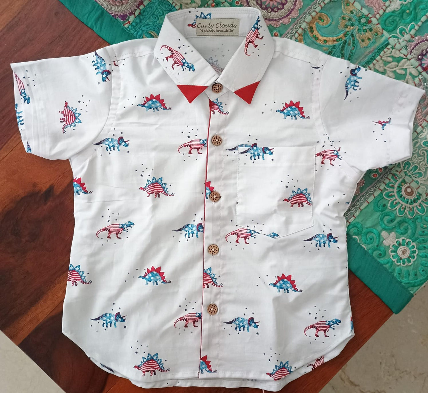 Pure Cotton Shirt with Blue Red Dino Print