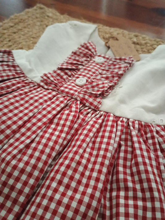 White hakoba red checks dress